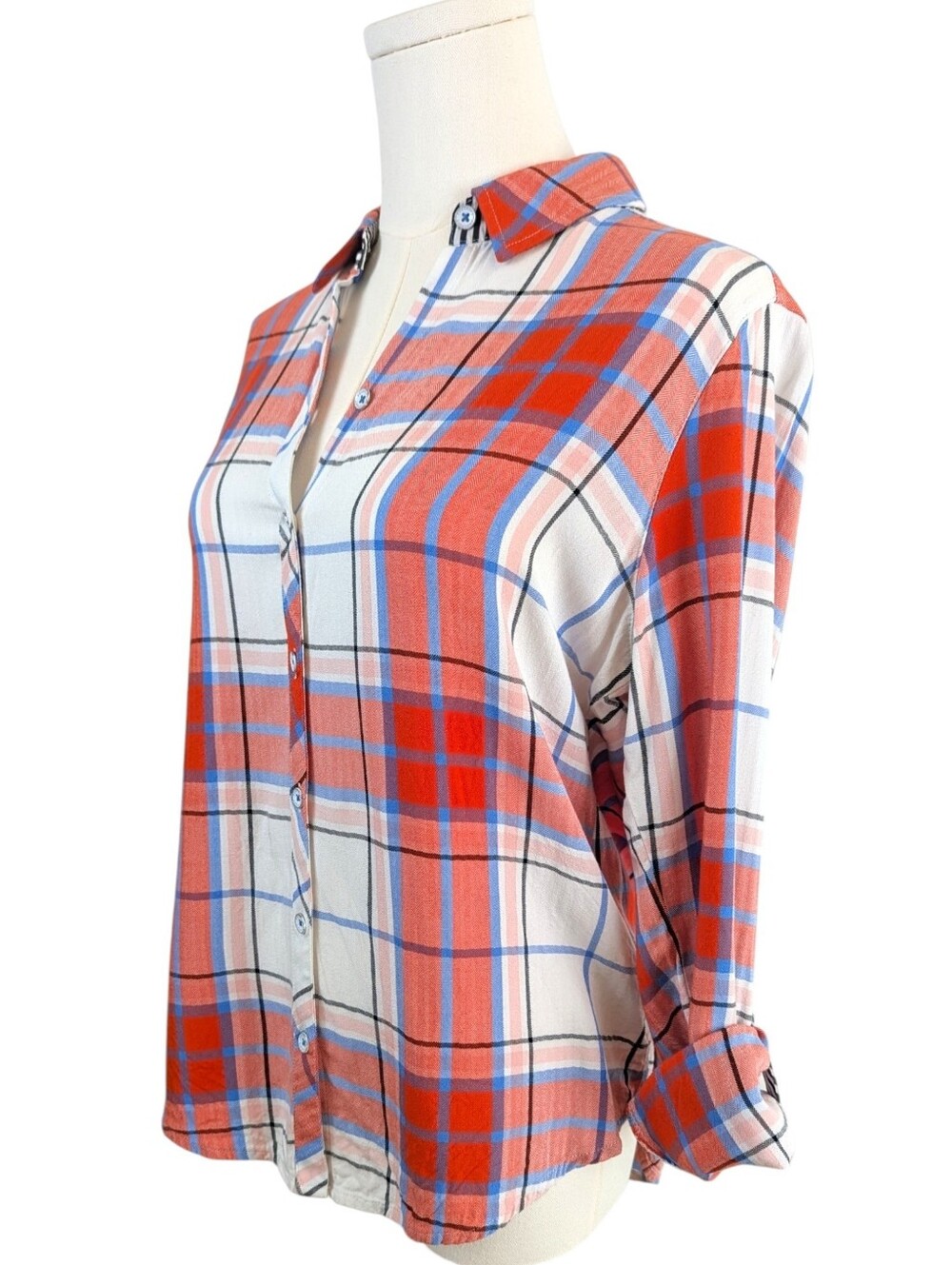 Foxcroft Plaid Button Down Shirt Petite Red Blue Cream Size 10P